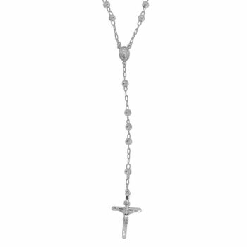 (ROS071) 5mm Moon Cut Rhodium Plated Sterling Silver Rosary Necklace With Crucifix Cross