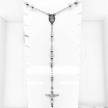 (ROS079) 6mm Plain Rhodium Plated Sterling Silver Rosary Necklace With Crucifix Cross