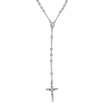 (ROS097) 5mm Rhodium Plated Sterling Silver Diamond Cut Rosary Necklace With Crucifix