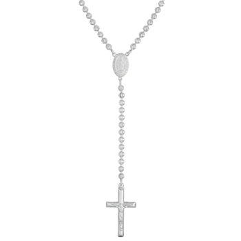(ROS100) 4mm Rhodium Plated Sterling Silver Diamond Cut Rosary Necklace With Crucifix