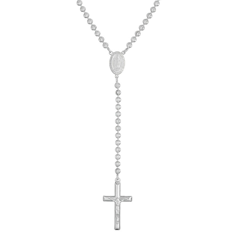 (ROS100) 4mm Rhodium Plated Sterling Silver Diamond Cut Rosary Necklace With Crucifix