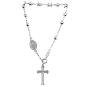 (ROS117B) 4mm Rhodium Plated Sterling Silver Diamond Cut Rosary Bead Bracelet