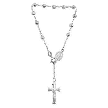(ROS124B) 4mm Rhodium Plated Sterling Silver Moon Cut Rosary Bead Bracelet