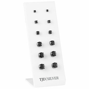 (SES050) Black Rhodium Plated Sterling Silver Black CZ 4 Claw Round Stud Set