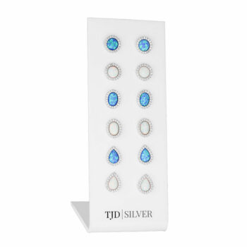 (SES069) Rhodium Plated Sterling Silver Created Opal Studs Mixed White And Blue - 6 Pairs
