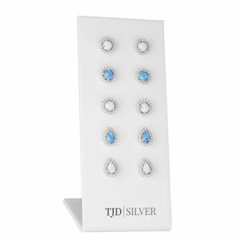 (SES074) Rhodium Plated Sterling Silver 5 Pairs Blue And White Opalite Stud Set