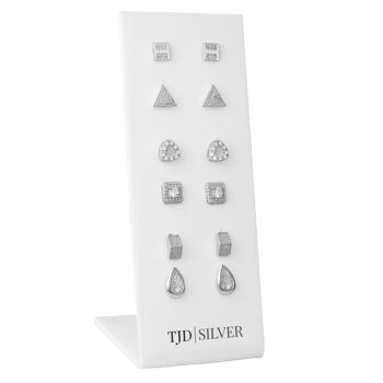(SES077) Rhodium Plated Sterling Silver 6 Pairs Multiple Shapes Square, Triangle, Teardrop CZ Stud Set