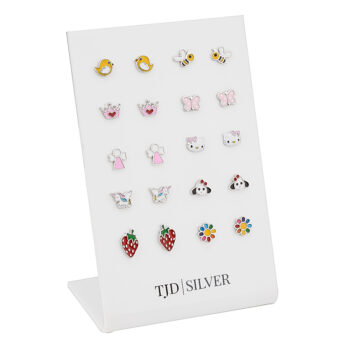 (SES100) Rhodium Plated Sterling Silver Colourful Enamel Children Stud Set Of 10 Pairs