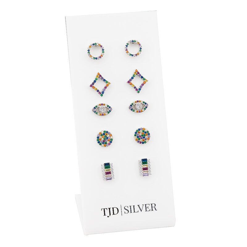 (SES101) Rhodium Plated Sterling Silver Rainbow Stud Set Of 5 Pairs