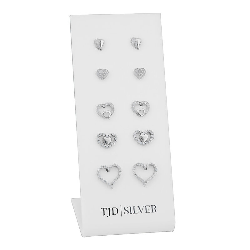 (SES103) Rhodium Plated Sterling Silver Mixed CZ Heart Sud Set Of 5 Pairs