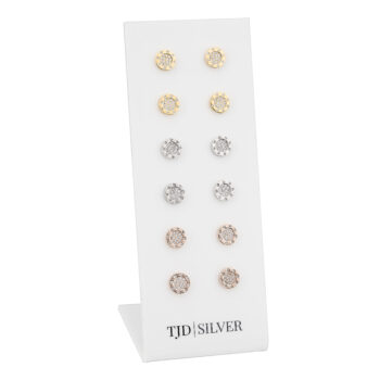 (SES104) Rhodium Plated Sterling Silver Flat Round CZ Stud 3 Colour 6 Pairs