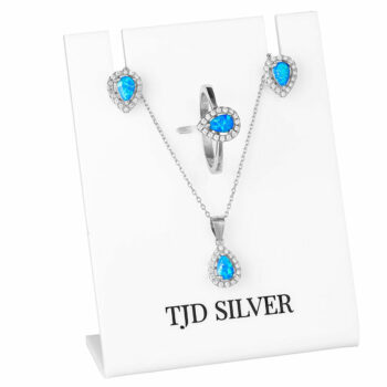 (SET101B) Rhodium Plated Sterling Silver Matching Set Of Tear Drop Created Blue Opal With CZ