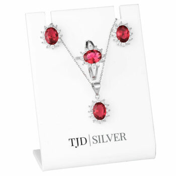 (SET13R) Rhodium Plated Sterling Silver Princess Diannal Oval Stone Matching Set - Red