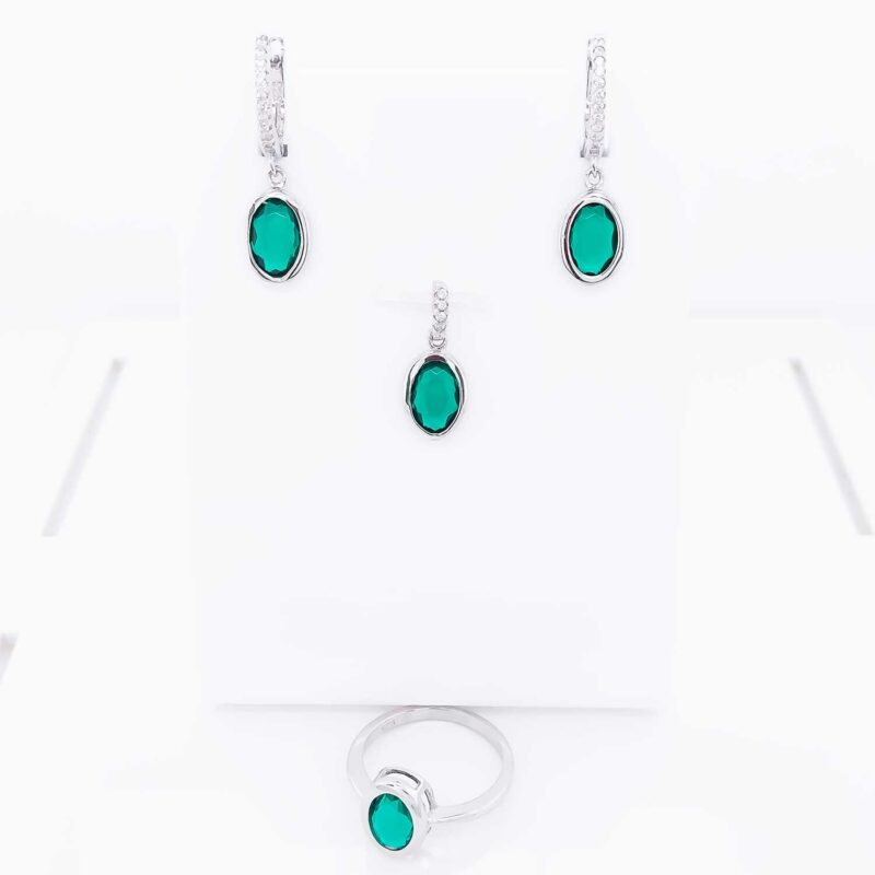 (SET80T) Rhodium Plated Sterling Silver Oval Crystal Matching Set- Teal - 8x11mm