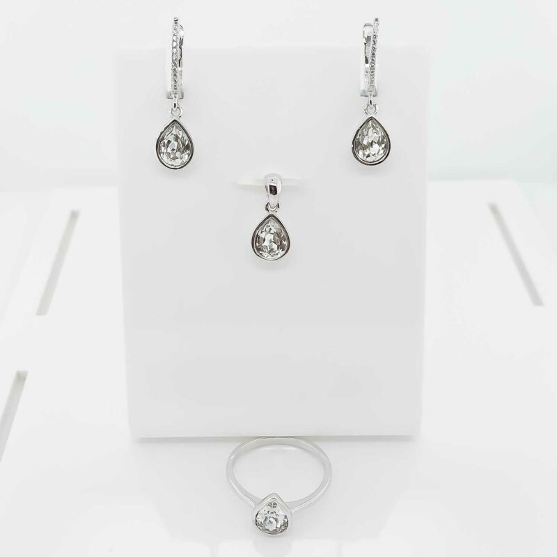 (SET81W) Rhodium Plated Sterling Silver Tear Drop Crystal Matching Set- White - 8x10mm