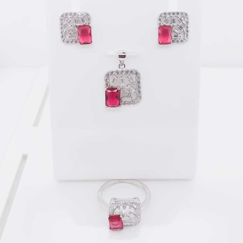 (SET82R) Rhodium Plated Sterling Silver Fancy Square CZ Matching Set- Red
