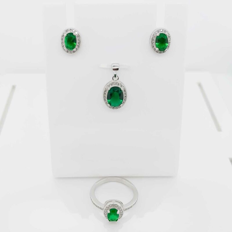 (SET84G) Rhodium Plated Sterling Silver Oval CZ Matching Set- Green