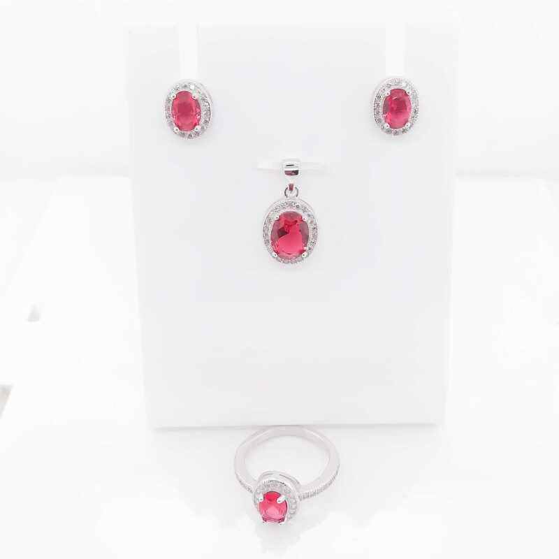 (SET84R) Rhodium Plated Sterling Silver Oval CZ Matching Set- Red