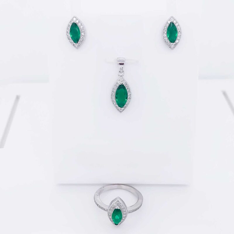 (SET85G) Rhodium Plated Sterling Silver Maquise CZ Matching Set-Green