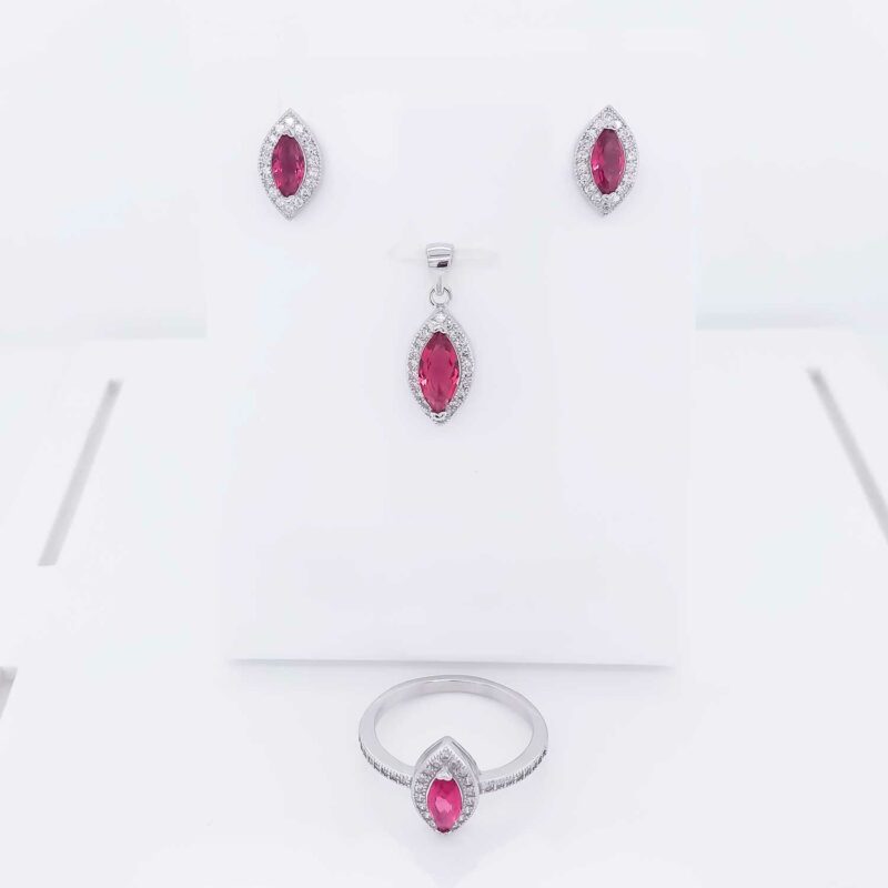 (SET85R) Rhodium Plated Sterling Silver Maquise CZ Matching Set-Red