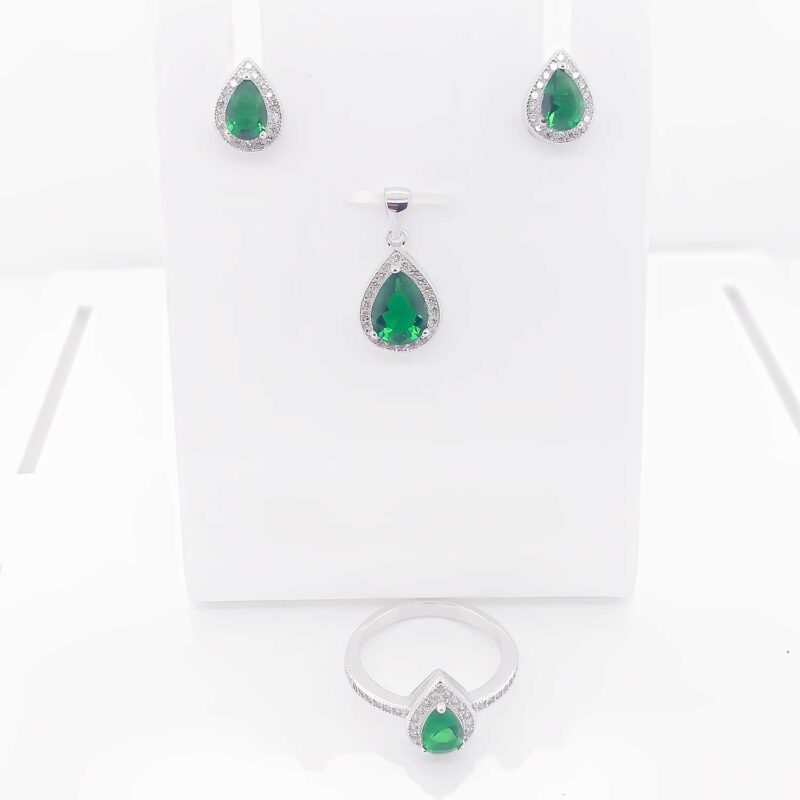 (SET86G) Rhodium Plated Sterling Silver Pear CZ Matching Set-Green