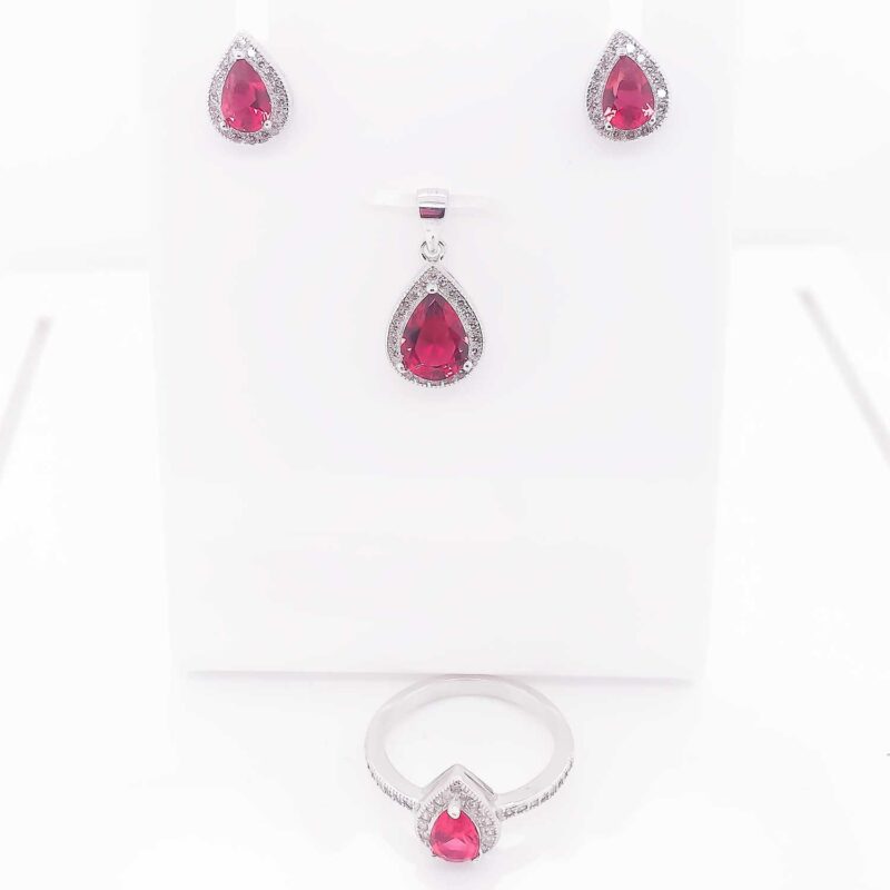 (SET86R) Rhodium Plated Sterling Silver Pear CZ Matching Set-Red