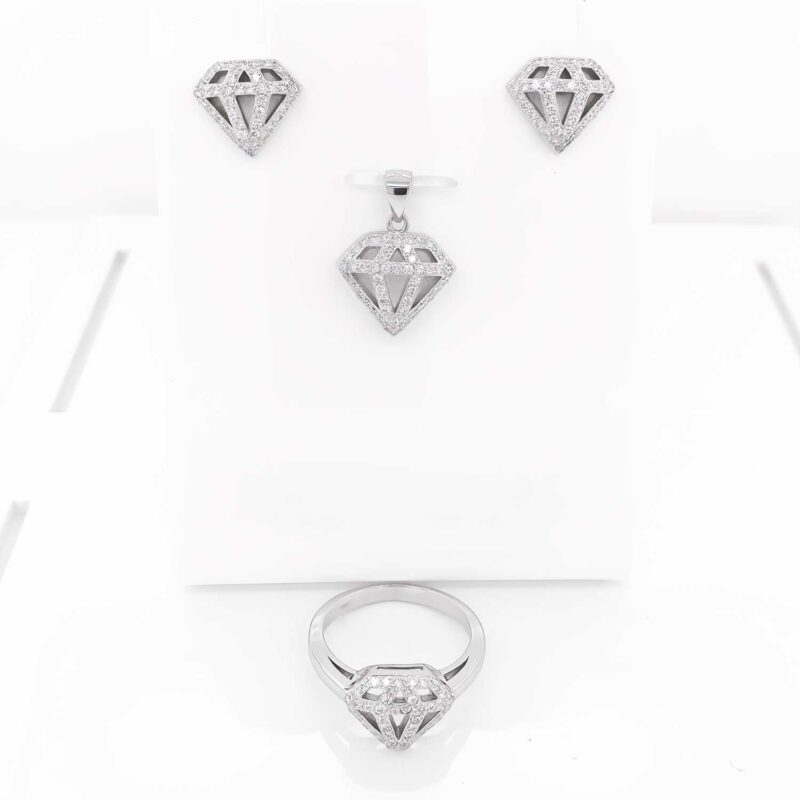 (SET89) Rhodium Plated Sterling Silver Diamond Shape CZ Matching Set