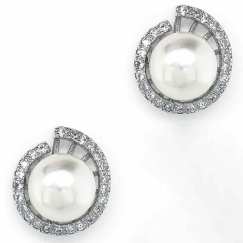 (ST137) Rhodium Plated Sterling Silver CZ Stud Pearl Earrings