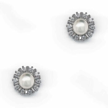 (ST149) Rhodium Plated Sterling Silver CZ Stud Pearl Earrings