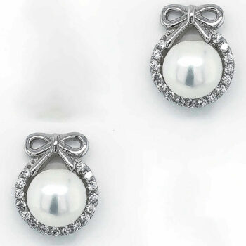 (ST160) Rhodium Plated Sterling Silver CZ Stud Pearl Earrings