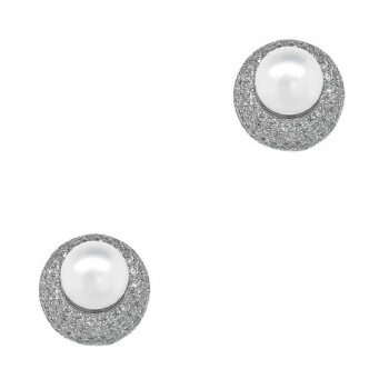 (ST163) Rhodium Plated Sterling Silver CZ Stud Pearl Earrings