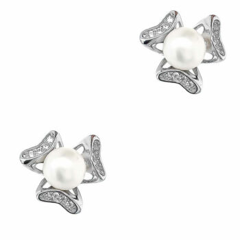 (ST171) Rhodium Plated Sterling Silver CZ Stud Pearl Earrings