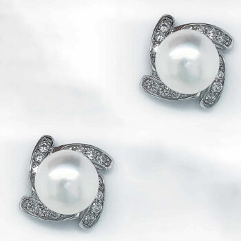 (ST176) Rhodium Plated Sterling Silver CZ Stud Pearl Earrings