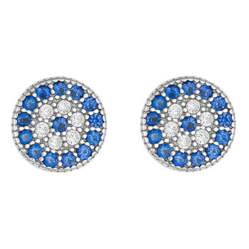 (ST186) 7mm Rhodium Plated Sterling Silver Round Blue Evil Eye Studs
