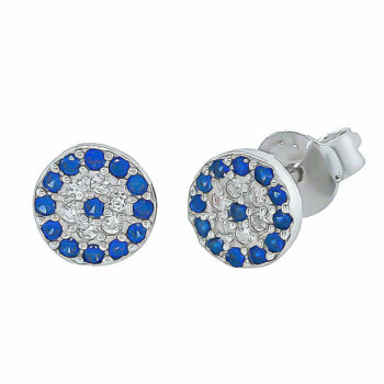 (ST187) 6mm Rhodium Plated Sterling Silver Round Blue Evil Eye CZ Stud Earrings