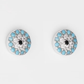 (ST187T) 6mm Rhodium Plated Sterling Silver Turquiose Blue Round Evil Eye CZ Stud Earrings