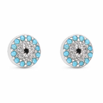 (ST187T) 6mm Rhodium Plated Sterling Silver Turquiose Blue Round Evil Eye CZ Stud Earrings