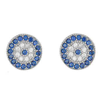 (ST189) 9mm Rhodium Plated Sterling Silver Round Blue Evil Eye Stud Earrings