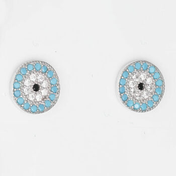 (ST189T) Rhodium Plated Sterling Silver 8mm Turquiose Blue Round Blue Evil Eye Black CZ Stud Earrings