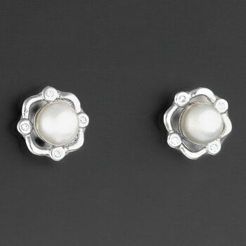 (ST205) Rhodium Plated Sterling Silver Pearl CZ Studs