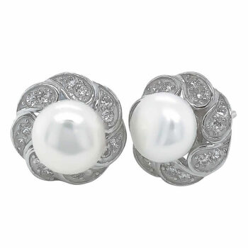 (ST206) Rhodium Plated Sterling Silver Pearl CZ Studs