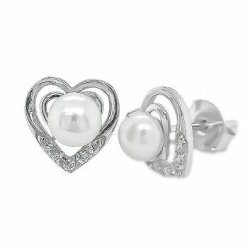 (ST213) Rhodium Plated Sterling Silver Pearl CZ Studs