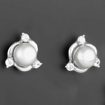 (ST214) Rhodium Plated Sterling Silver Pearl CZ Studs