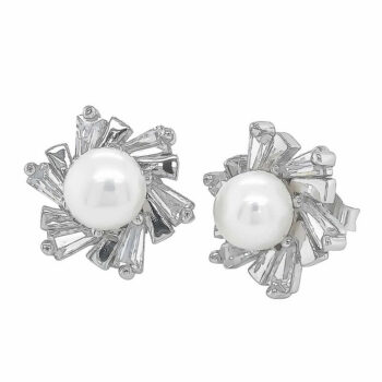 (ST215) Rhodium Plated Sterling Silver Pearl CZ Studs