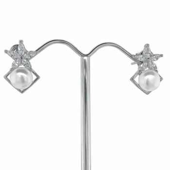 (ST218) Rhodium Plated Sterling Silver Pearl CZ Studs