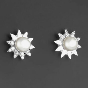 (ST219) Rhodium Plated Sterling Silver Pearl CZ Studs
