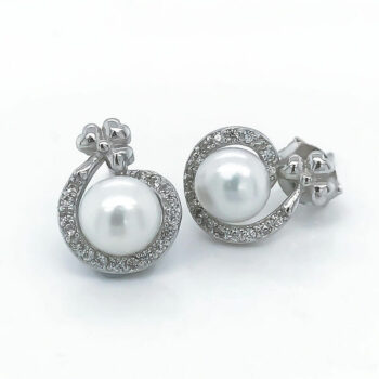 (ST220) Rhodium Plated Sterling Silver Pearl CZ Studs
