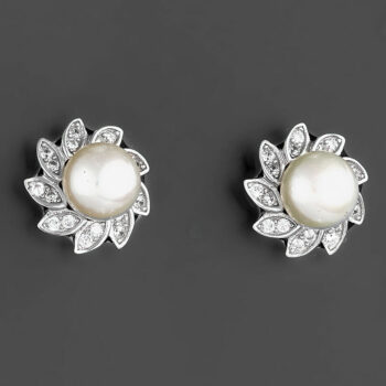 (ST221) Rhodium Plated Sterling Silver Pearl CZ Studs