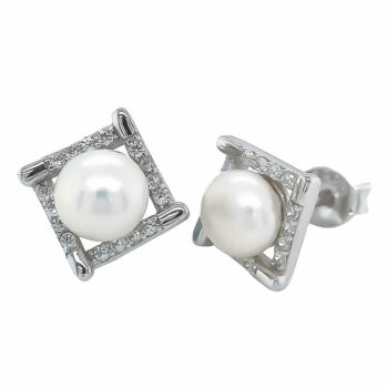 (ST223) Rhodium Plated Sterling Silver Pearl CZ Studs