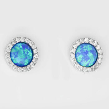 (ST226) Rhodium Plated Sterling Silver Blue Opalite CZ round Studs - 10X10mm